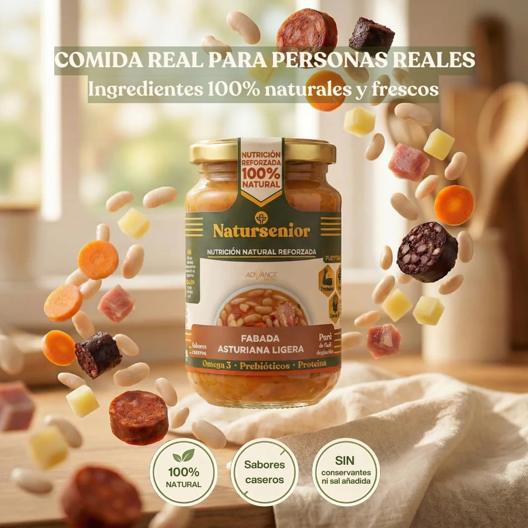 Natursenior Comida Triturada para Personas Mayores Pack Puré Fabada Asturiana Ligera 100% Natural Omega 3 Fibra Proteína 6 uds x 340g