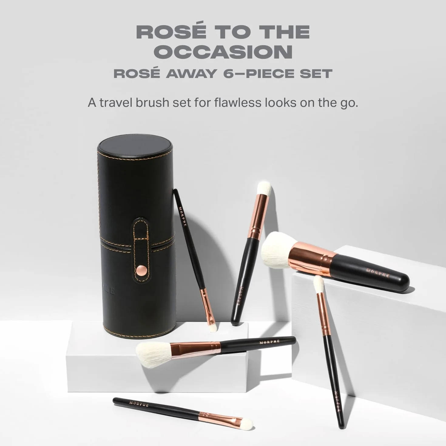 Morphe Rose Away Juego de 6 brochas de maquillaje para ojos y cara con cerdas sintéticas y estuche