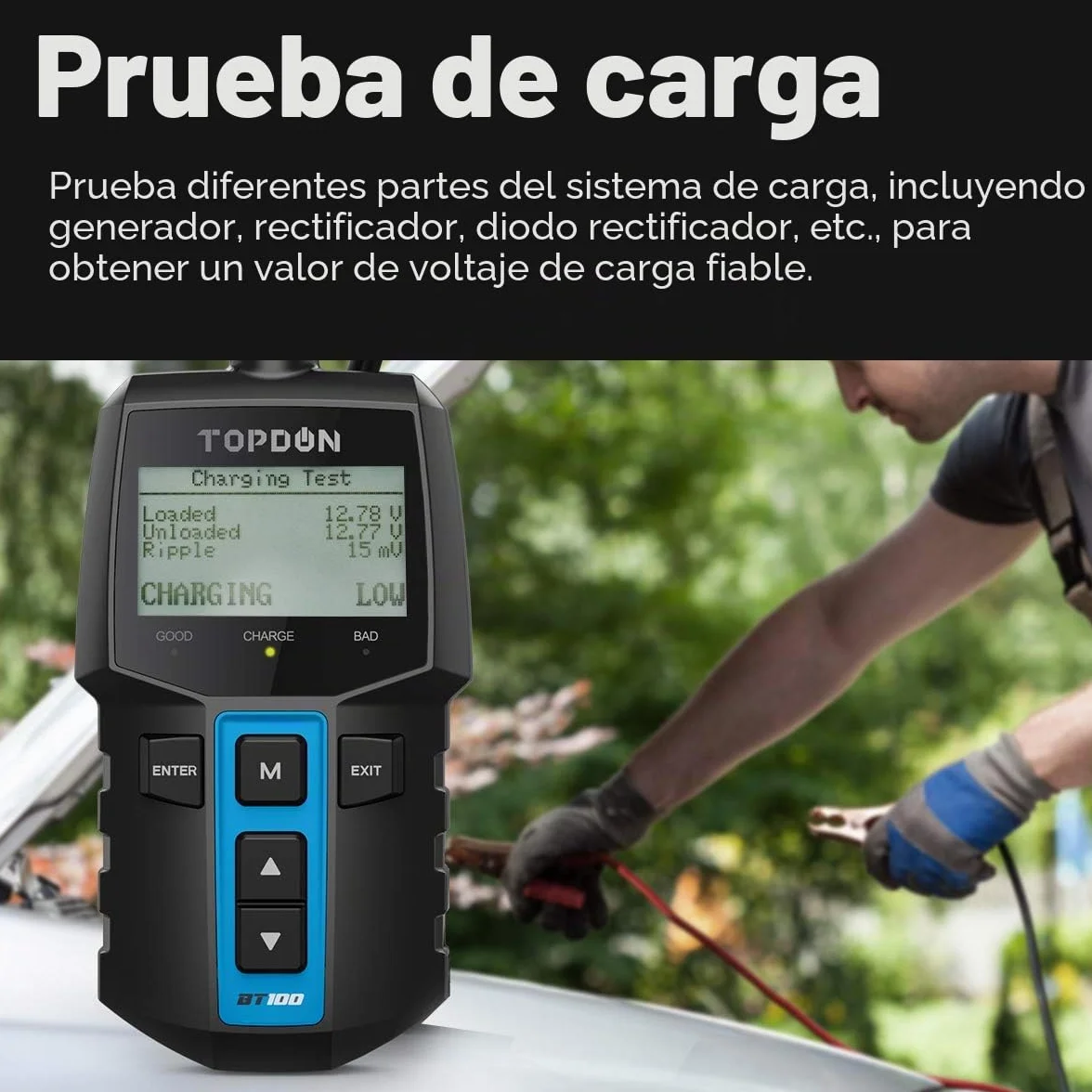TOPDON BT100 Comprobador de Baterias de Coche 12V, 100-2000 CCA Probador de Batería Auto para Arranque y Sistema de Carga, Analizador de Batería Digital para Coche, Camión, Moto, ATV, SUV, Barco,Yate