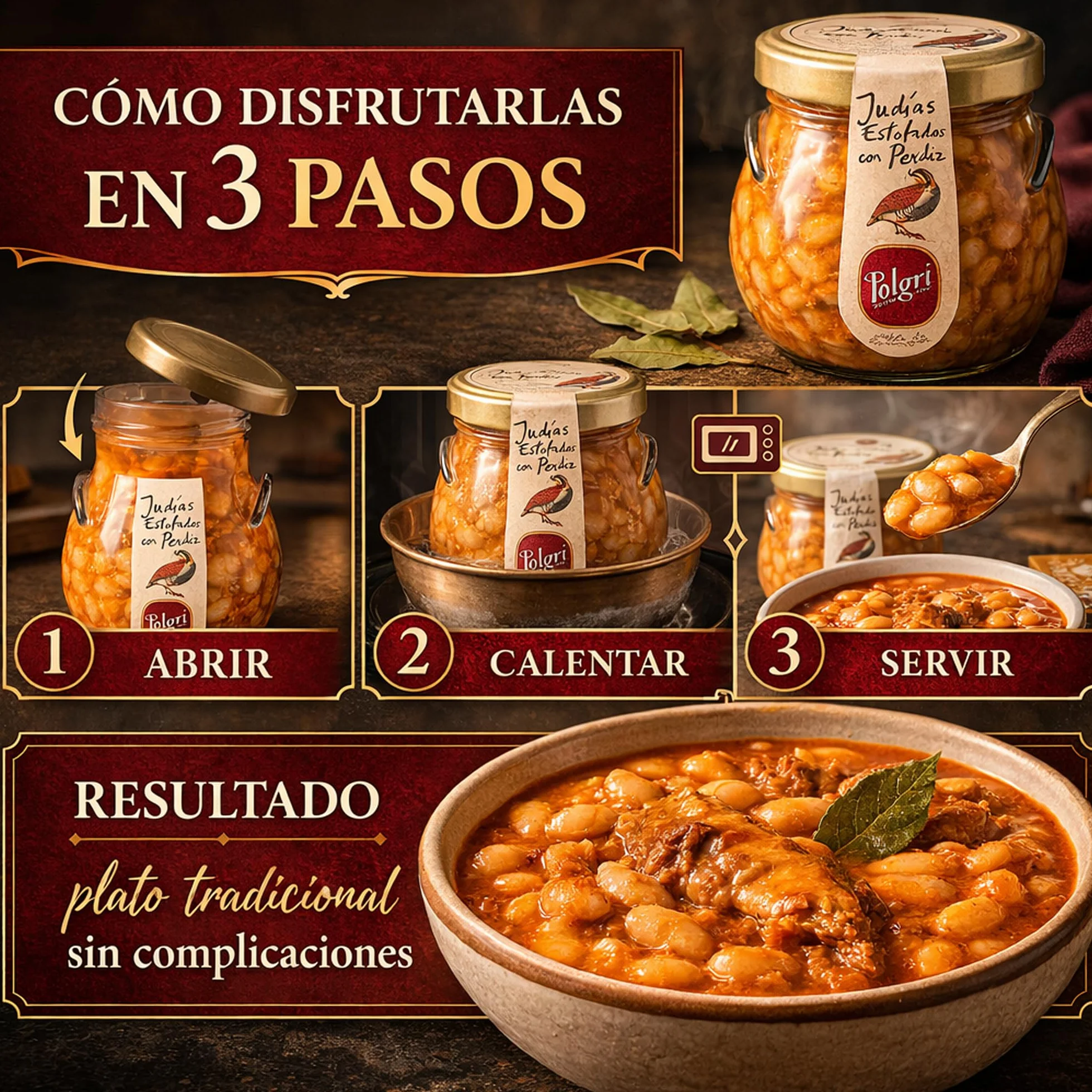 POLGRI Judias Estofadas con Perdiz Gourmet AOVE 640 ml Tarro de Cristal Comida Preparada