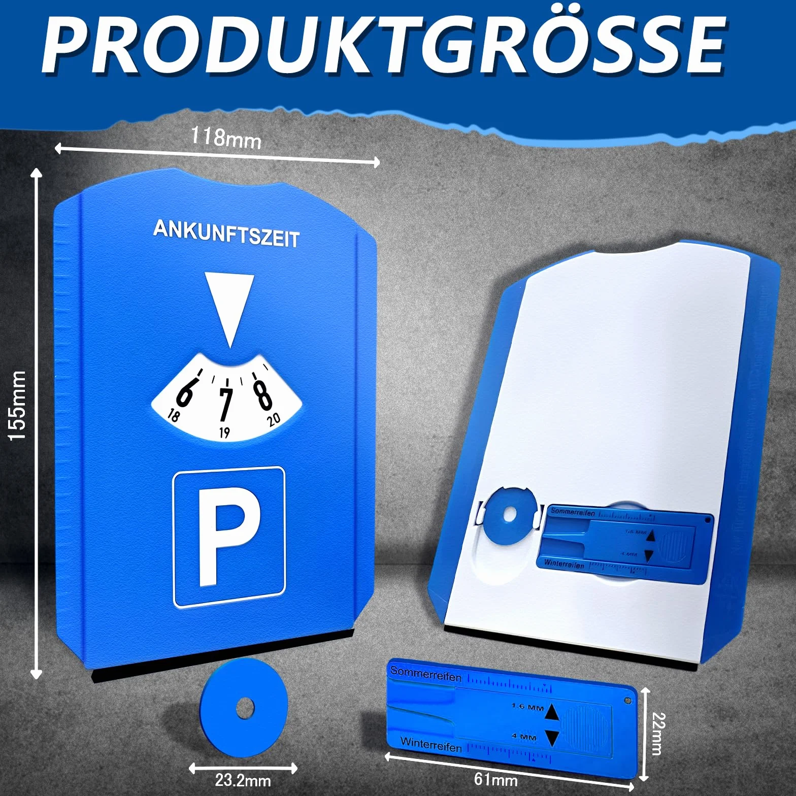 kinoco Parkscheibe mit Eiskratzer - 2 in 1 Parkuhr für Auto und Motorrad INKL. Reifenprofilmesser + Einkaufswagen-Chip | Winter Eiskratzer & Profiltiefenmesser
