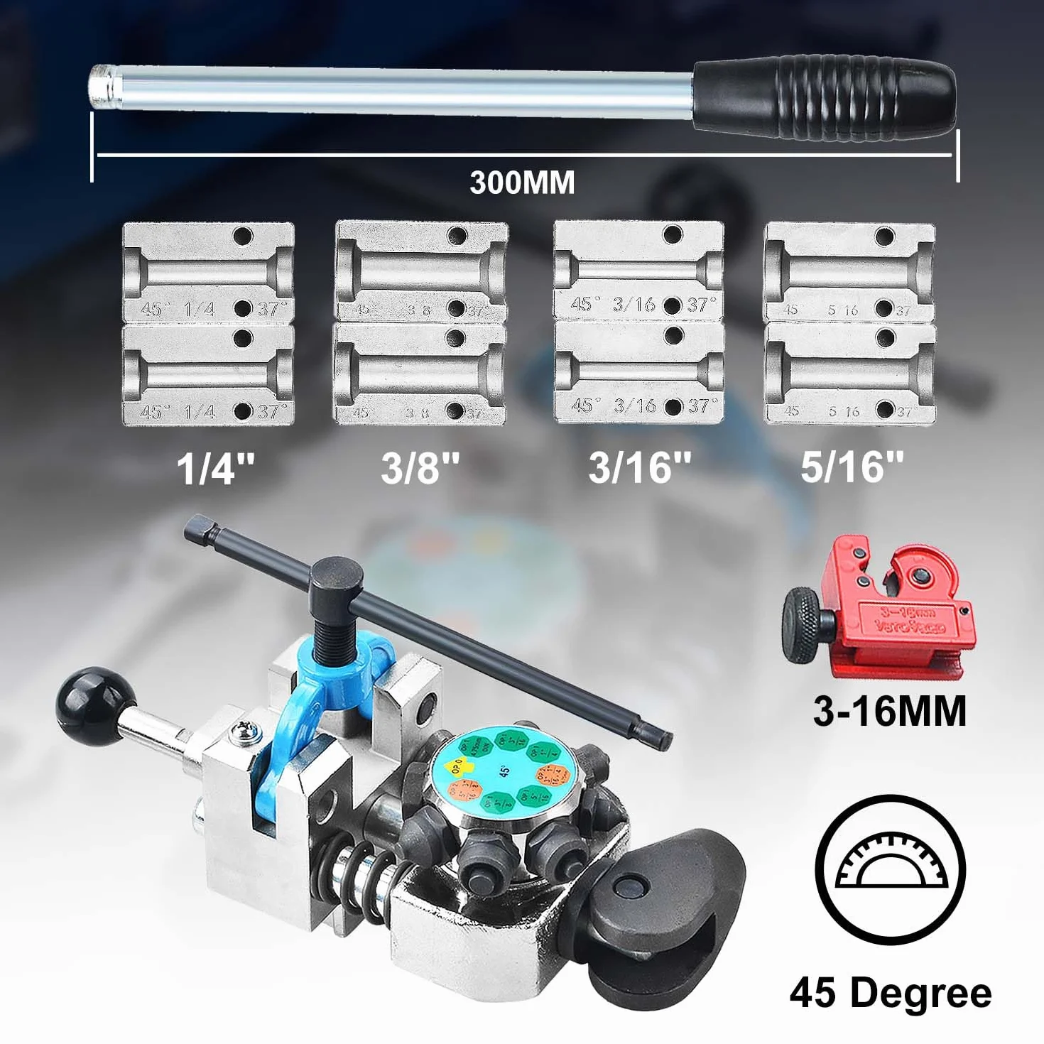 Kit Herramientas de Abocardado para Tubos de Frenos, 45° & 37°, Abocinados Simple, Doble y Burbuja, para 3/16" 1/4" 5/16" 3/8" (4,75/6,35/8/9,5mm) (45°)