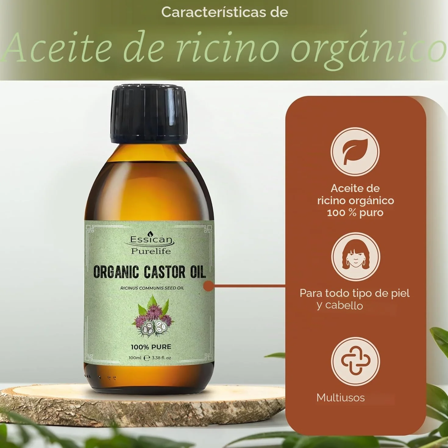 Aceite de Ricino Orgánico Sin Hexano 100ml Botella de Vidrio para Piel y Cabello