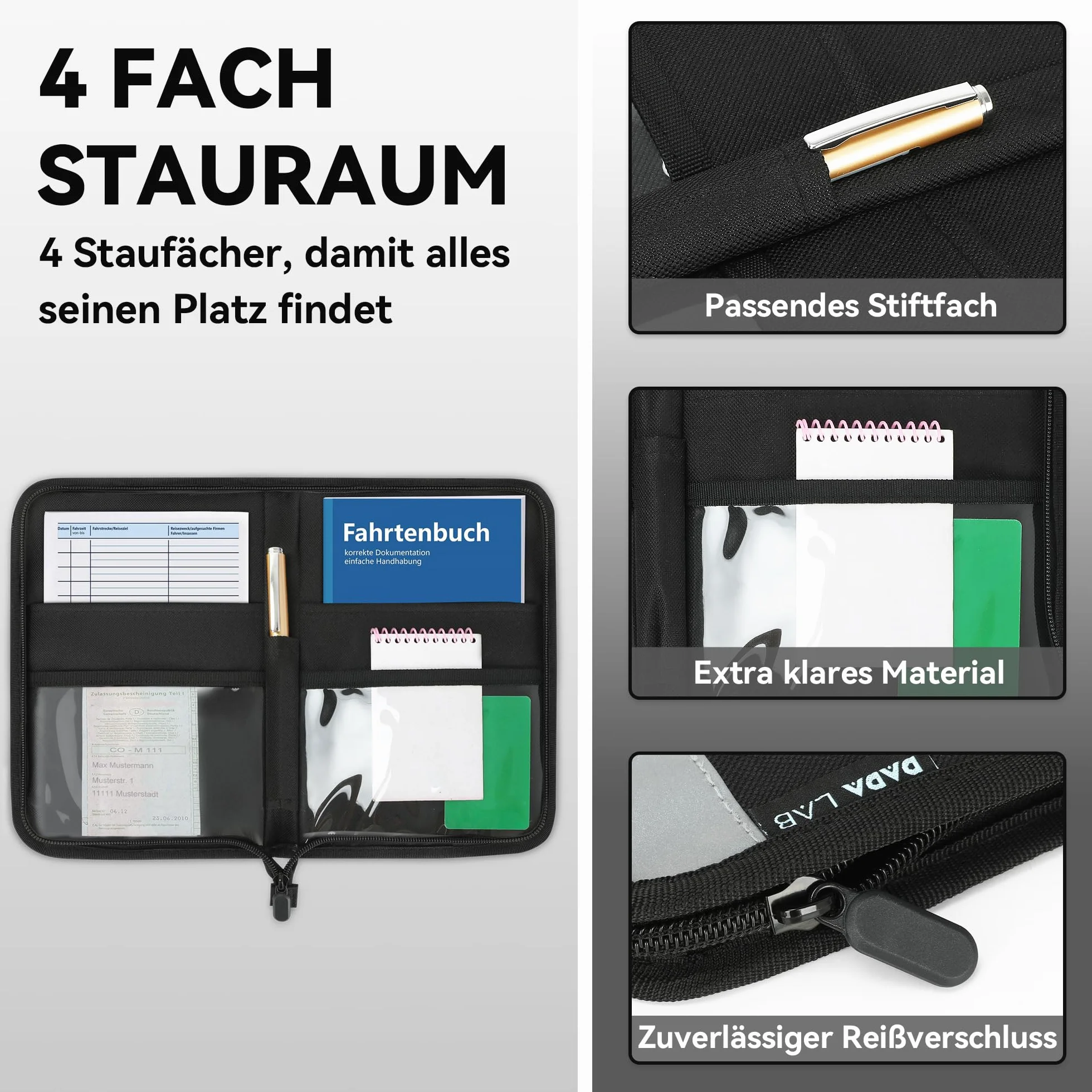 Carpeta para coche A5, guantera, 4 compartimentos, rayas reflectantes, compartimento para tarjetas separado, carpeta para documentos, color negro
