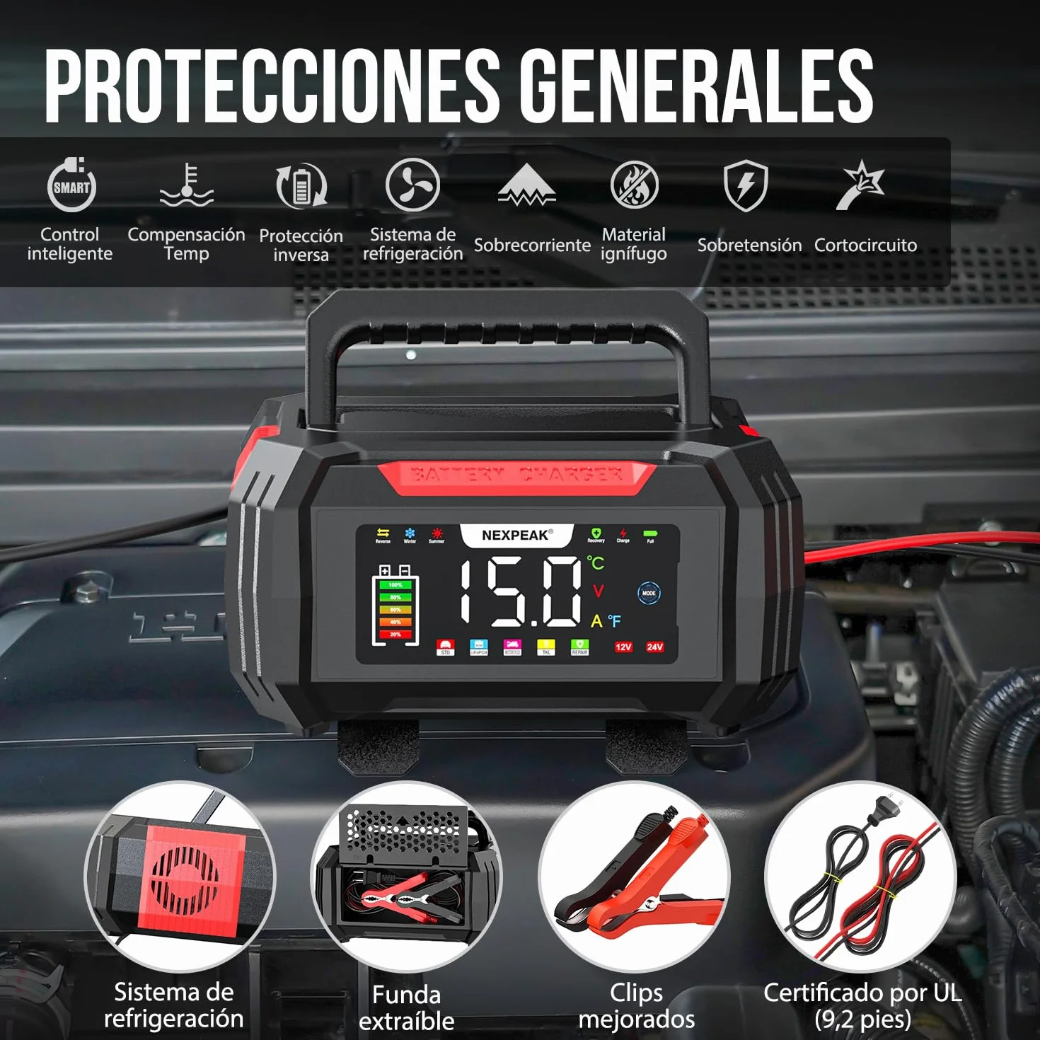 15A Cargador de Batería de Coche, NEXPEAK NC315 12V 24V LiFePO4 Cargador de Batería de Coche Portátil 9-Etapas Batería Inteligente para Coche, Camión, Moto, Cortacésped, Barco, Marina