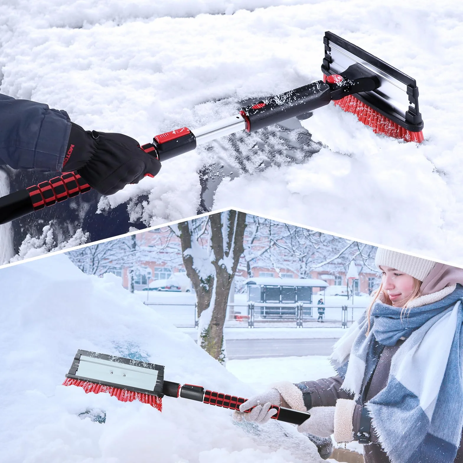 COFIT 3 en 1 Cepillo de Nieve y Rascadores Hielo con Telescopico Mango, 100cm Rasqueta Vitroceramica Parabrisas, Herramienta Quitar Sin Arañazos para Autocaravanas Camion SUV Exterior Limpieza, Rojo