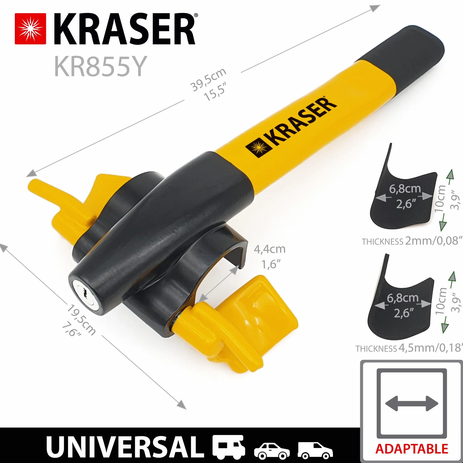 KRASER KR855Y Antirrobo Coche Volante Salpicadero Más Visible, Seguridad Extra Alrededor del Radio, Cierre Más Rápido Sin Llave, Bloqueo Barra Antirobo Universal para Camper, SUV, Autocaravana, Auto