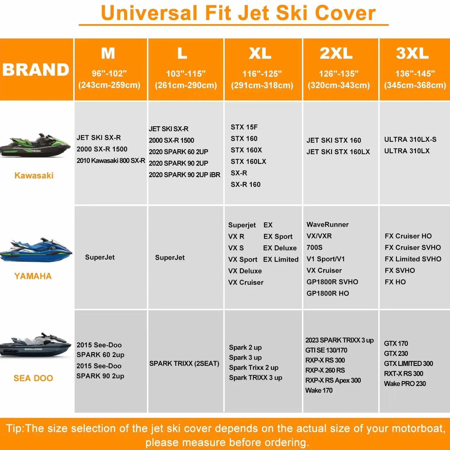 Funda de Jet Ski 420D Impermeable, Funda de Jet Ski 3 Asiento, con 2 Orificios de ventilación, Resistente a los Rayos UV, Compatible con Waverunner Polaris, 291-318cm