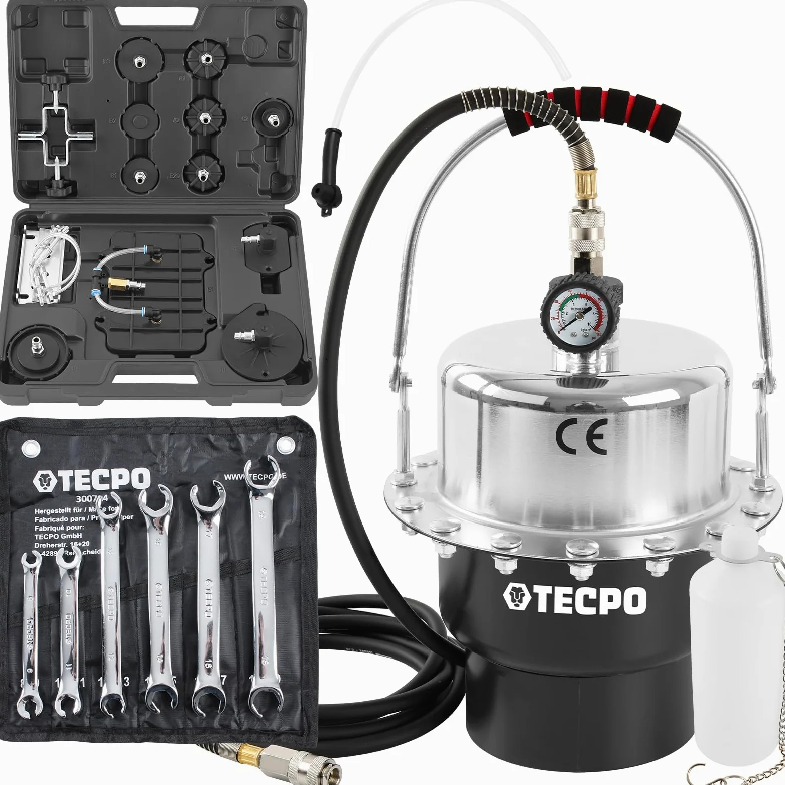 TECPO Dispositivo de purga de frenos, 5 litros, dispositivo de purga de frenos, adaptador para coche, 17 piezas + juego de llaves de doble anillo abiertas, llave de freno