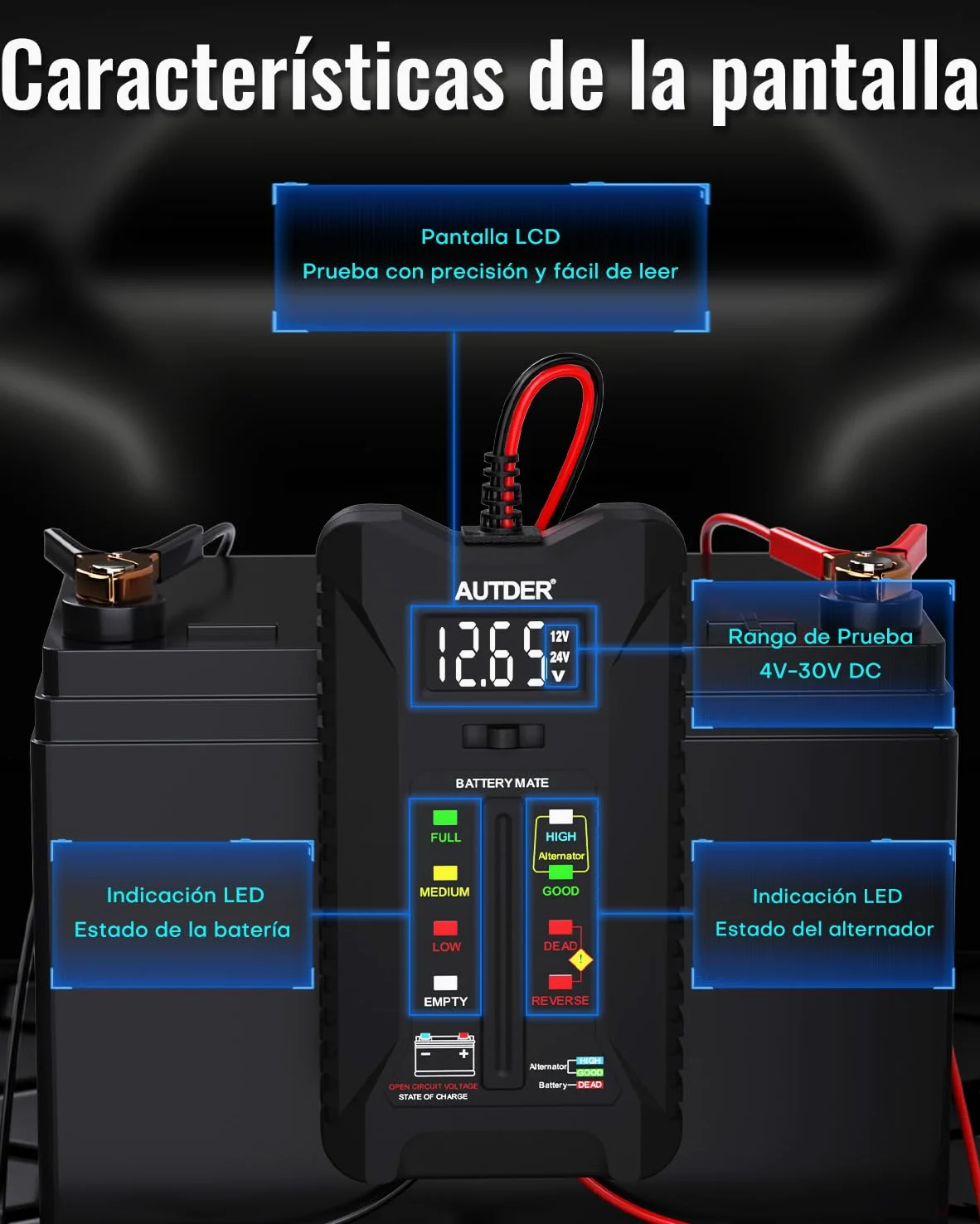 AUTDER Tester de Batería Digital, Volímetro 12V/24V para Baterías de Coche y Moto, Analizador del Sistema de Carga del Alternador con Pantalla LCD e Indicadores LED, Dos Modos de Prueba