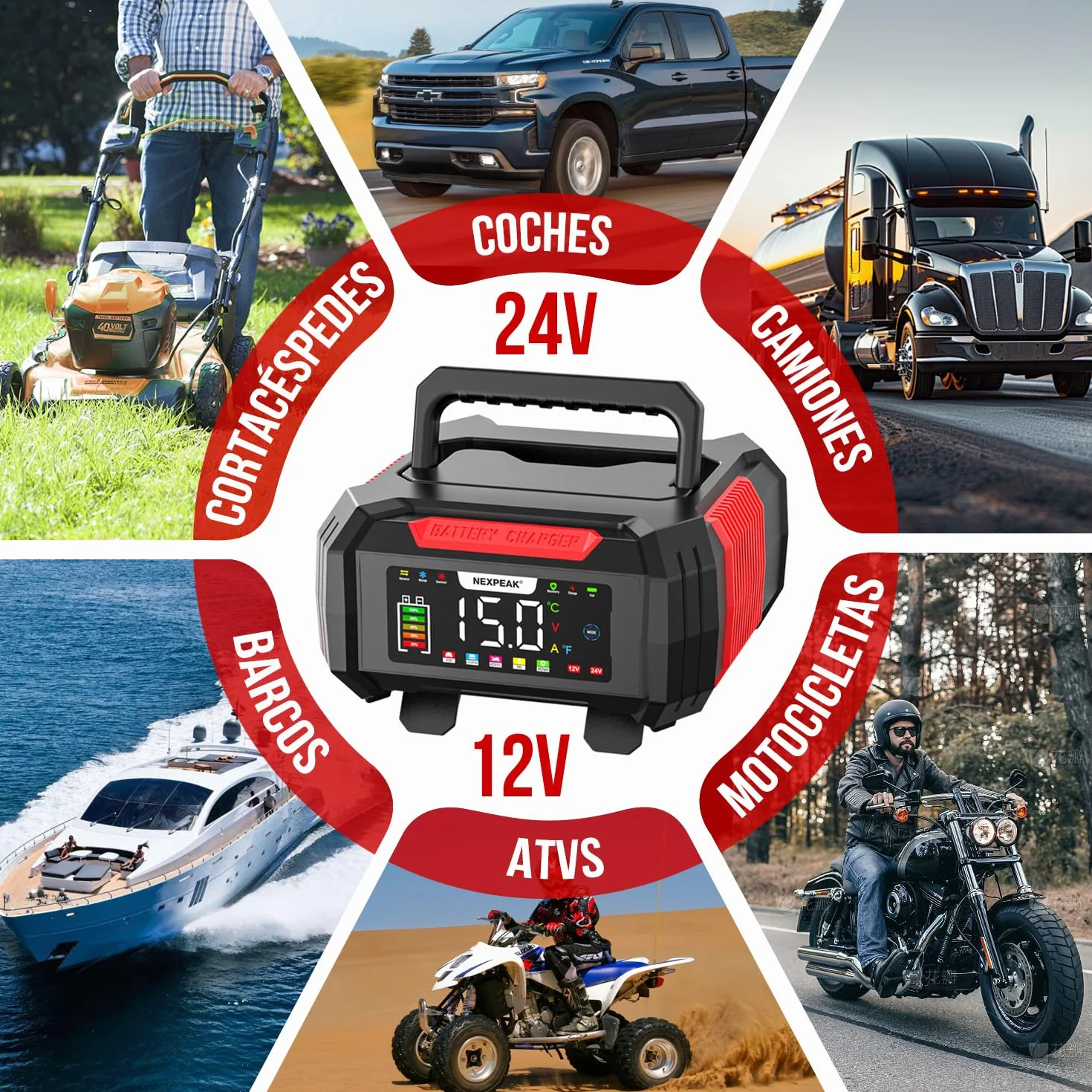 15A Cargador de Batería de Coche, NEXPEAK NC315 12V 24V LiFePO4 Cargador de Batería de Coche Portátil 9-Etapas Batería Inteligente para Coche, Camión, Moto, Cortacésped, Barco, Marina