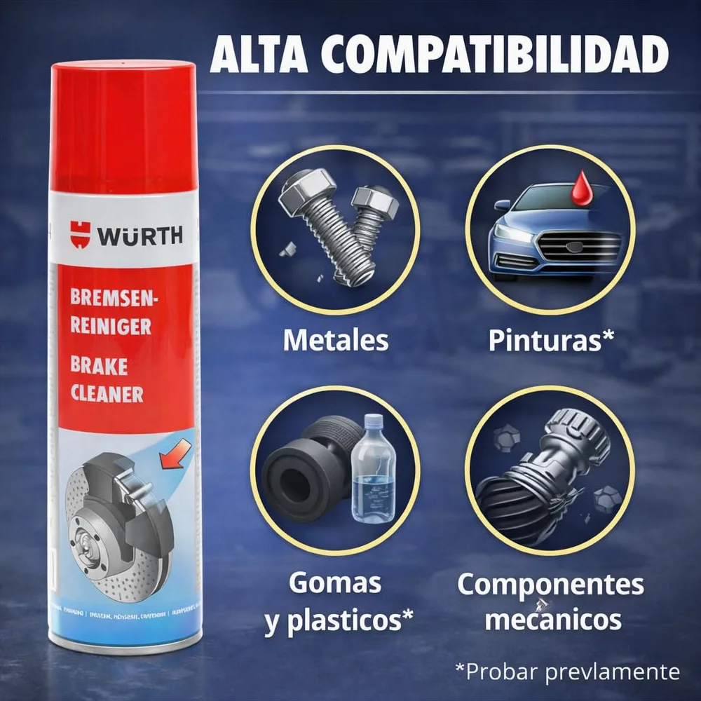 WURTH Limpiador de Frenos 500 ml – Pack de 12 Unidades – Spray Profesional para Limpiar Frenos, Embragues, Motores y Piezas Metálicas – Ref. 08901087