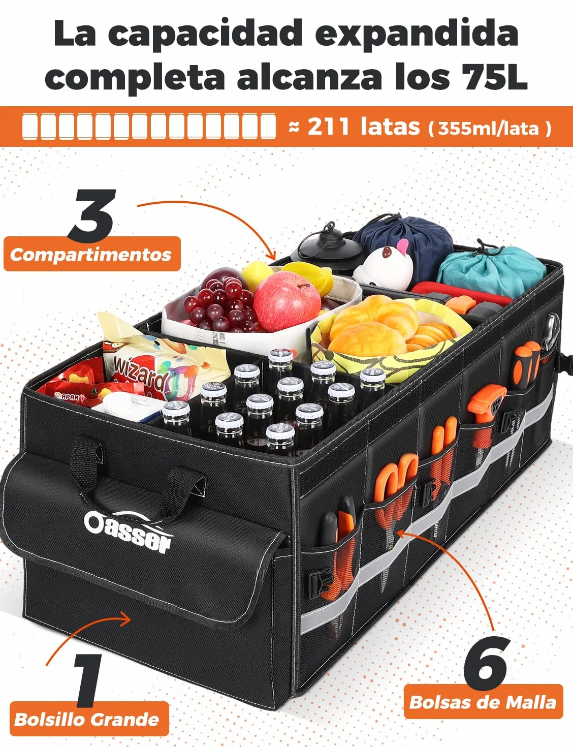 Oasser Organizador Maletero Coche 75L Grande 3 Compartimentos Tapa Desmontable Plegable Antideslizante 1 Bolsillo Grande 6 Bolsas Laterales Malla
