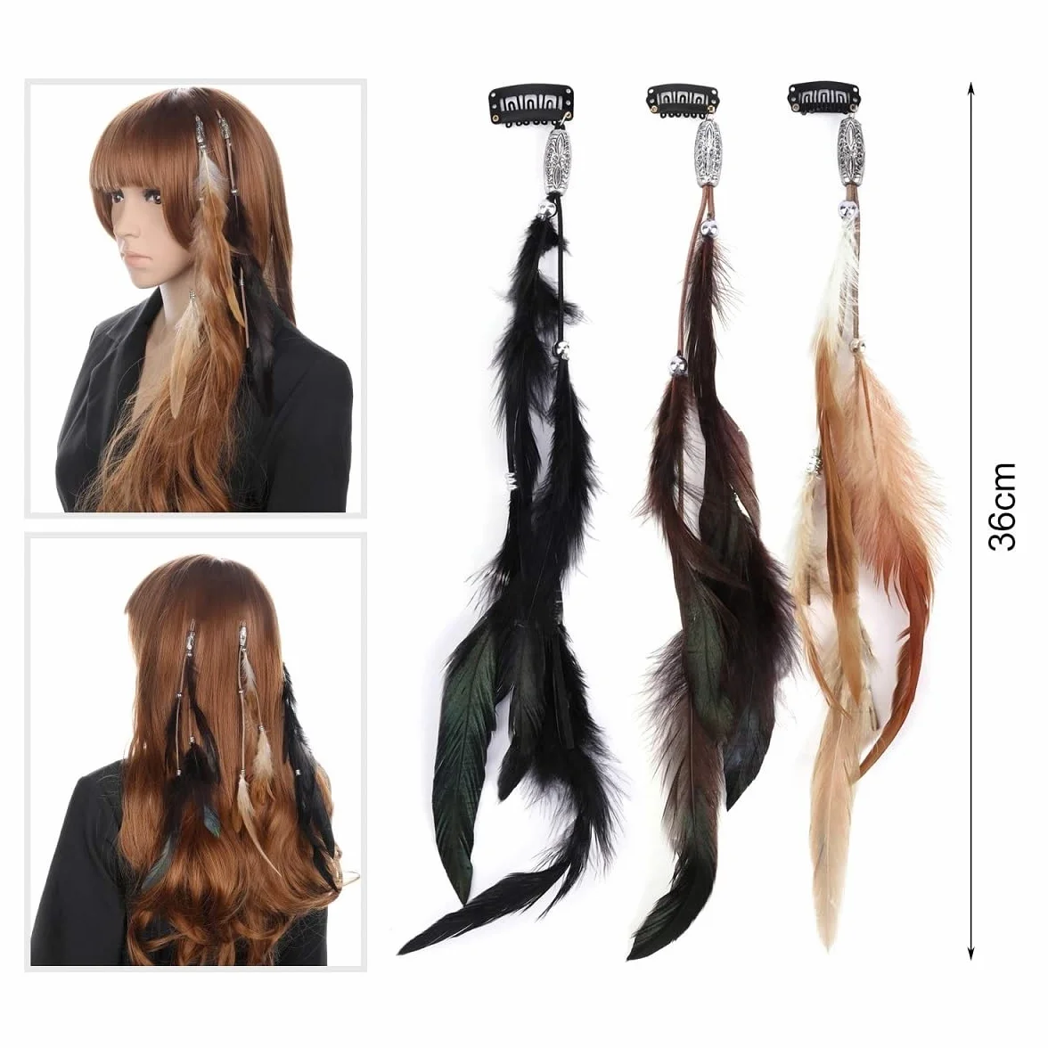 Boho Hippie Clips Cabello Plumas, 6PCS Mujer Pluma Extensiones, Accesorios Festival Halloween