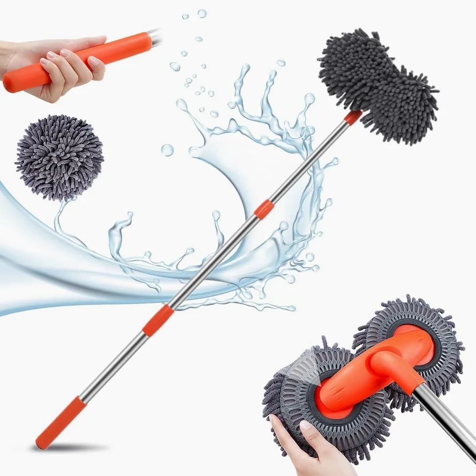 Cepillo de lavado de coche, mopa de limpieza de microfibra, limpiador de parabrisas de doble cabeza, cepillo giratorio para un lavado eficaz y accesorios de limpieza de cristales