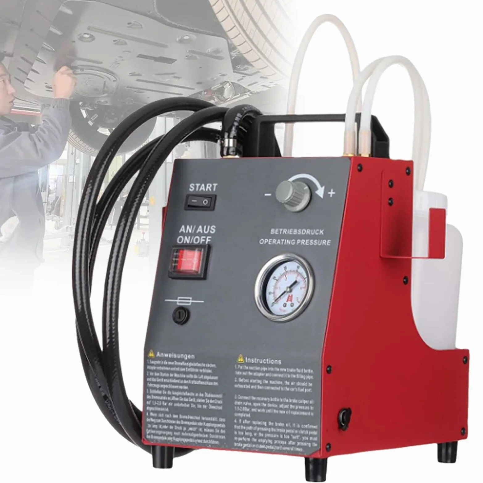 Kit de Purga de Frenos automático, purgador eléctrico de líquido de Frenos, llenado al vacío sin Aire con caudal de 2,2 l/min, con Adaptador para Cilindro Maestro de 16 Pulgadas. PackageA-Red