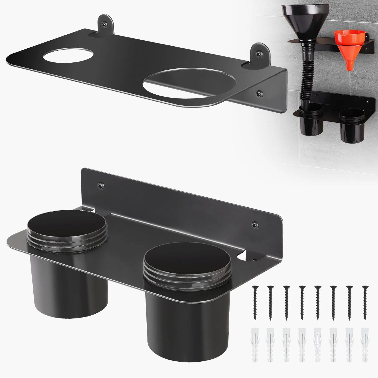 Soporte de doble embudo de aceite, incluye 2 vasos de goteo extraíbles de plástico, kit de embudo de drenaje de líquido de montaje en pared, soporte organizador para remolques de carreras