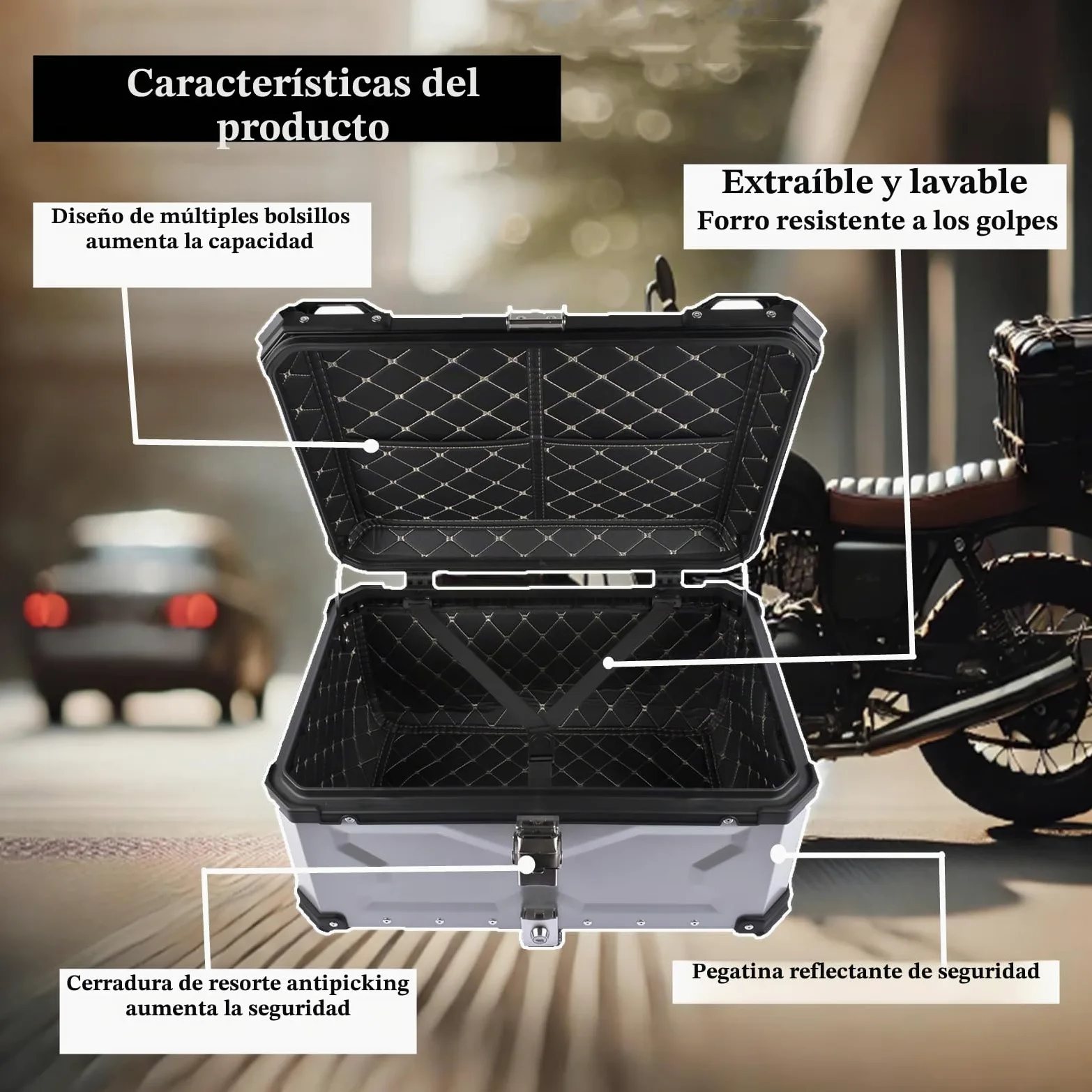 Plata 65L Maletín Superior para Moto, Maletín Universal de Aluminio Impermeable con Cierre de Seguridad para Guardar el Casco