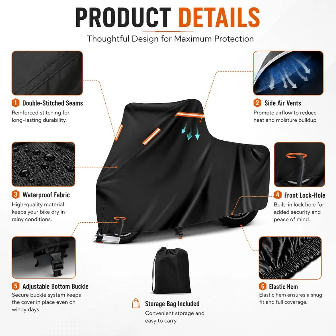 Funda Moto Impermeable Exterior Todas Las Estaciones, Cubierta de Moto Oxford con Orificio Antirrobo, Hebilla Cortaviento, Ventilación, Tiras Reflectantes y Bolsa
