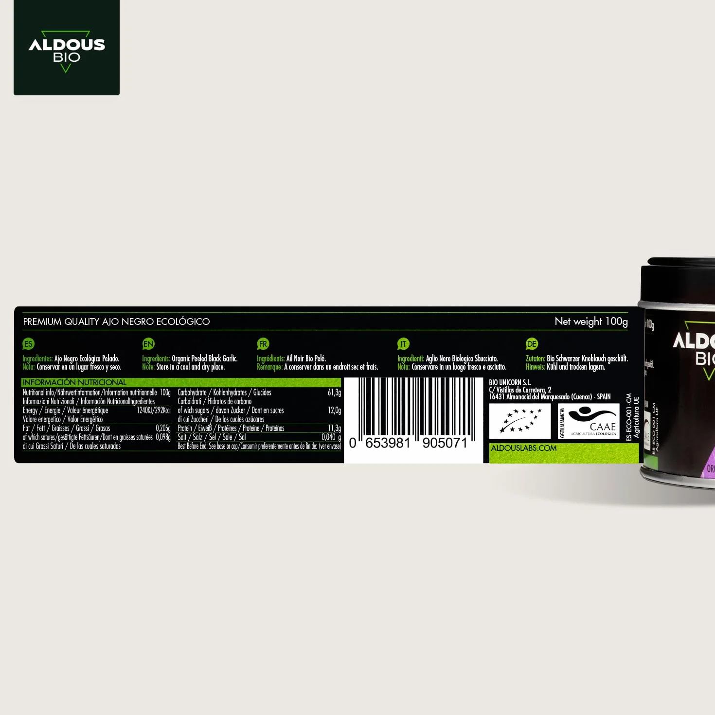 Ajo Negro Ecológico Español Dientes Pelados Gourmet Libre de Plástico