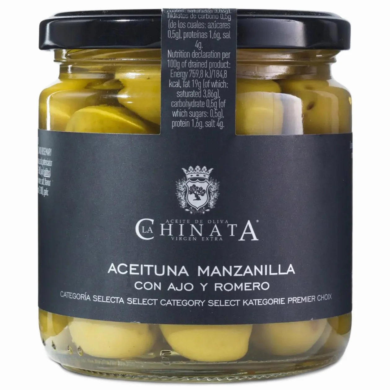 La Chinata Aceituna Manzanilla con Ajo y Romero 340g Bote de Cristal