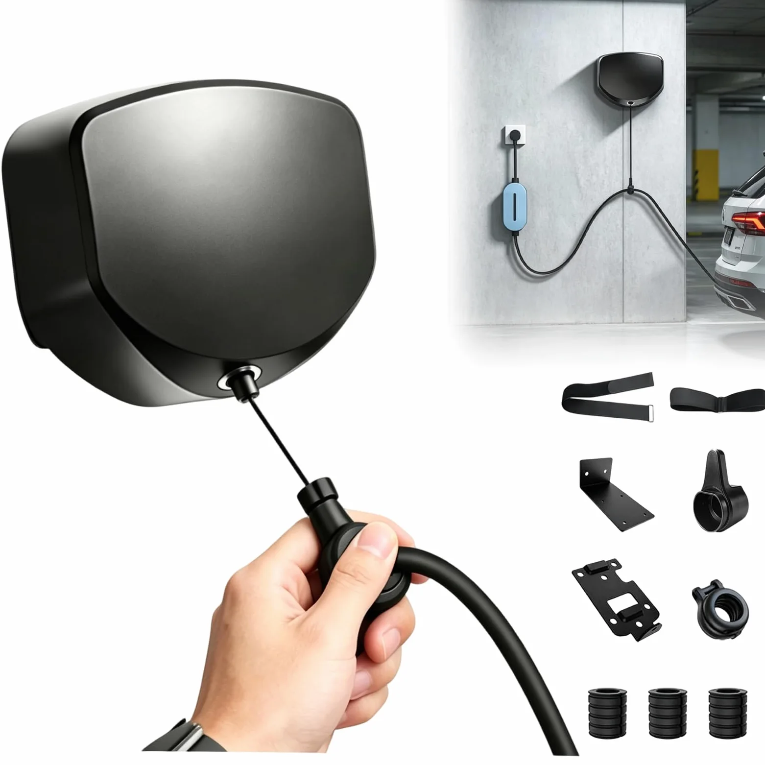 Soporte de Cable de Wallbox retráctil automático Tipo 2 Tipo 1 Wallbox | Enrollador automático de cable para cable de carga largo, soporte de carga de acero inoxidable, montaje en pared o techo