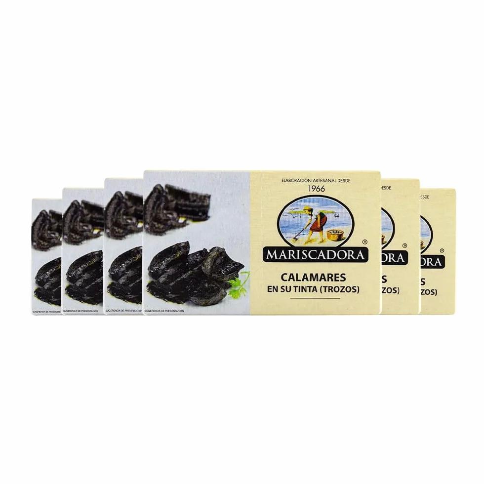 Calamares en Su Tinta Mariscadora Pack 6x110g Trozos Tiernos Salsa Negra Conserva Artesanal Gallega Sin Aditivos