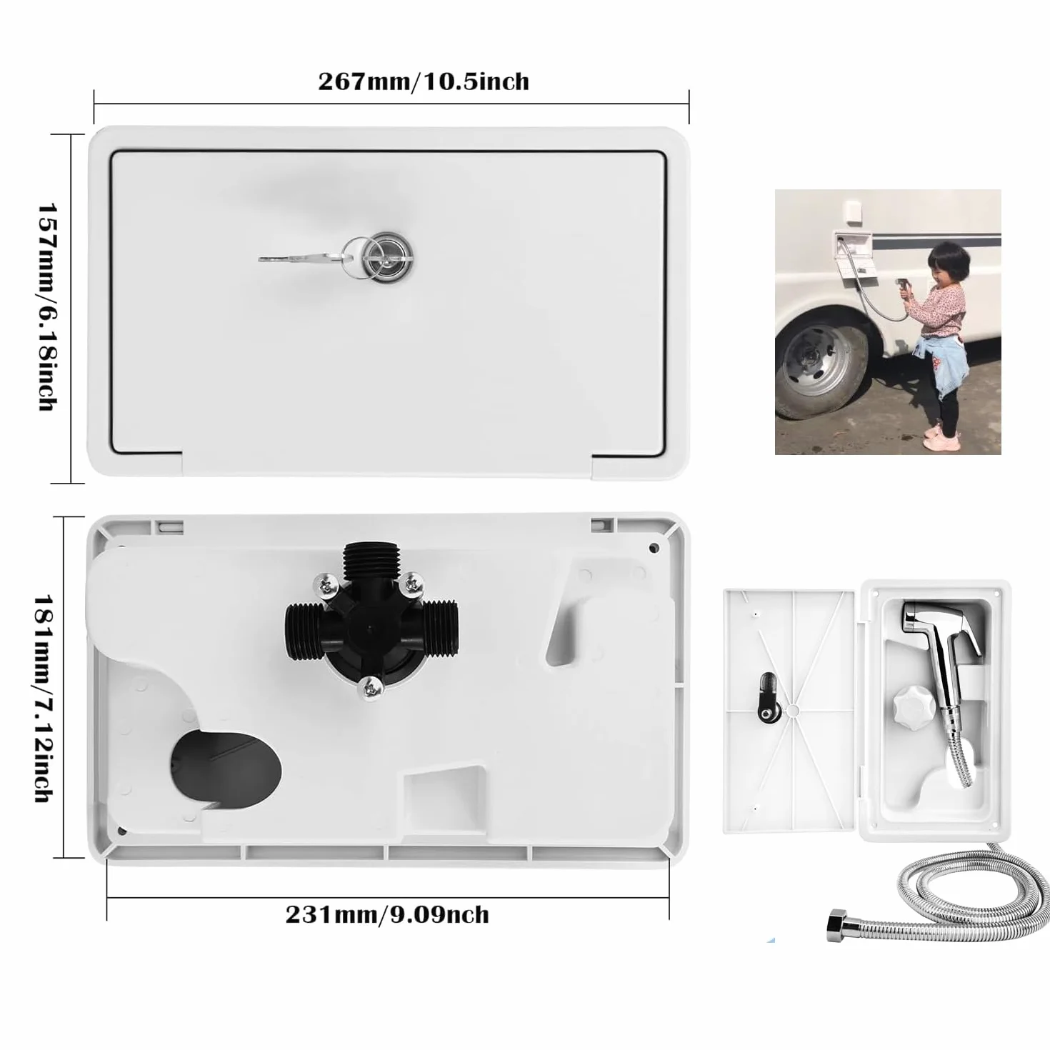 Ducha Camper, Extensible Ducha para Autocaravana, TOOSOAR Blanca Ducha para Camping con Manguera Metálica de 1.5 M, Exterior Botón Unico Ducha para Caravana