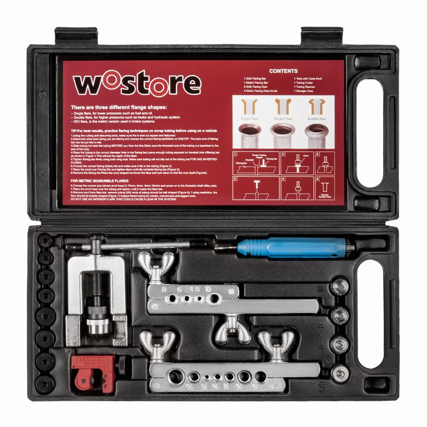 Wostore Kit Profesional de línea de Freno para bengalas Individuales, Dobles (SAE) y bengalas de Burbujas (ISO) con Cortador de Tubos, escariador de Tubo para 3/16-5/8 Pulgadas, 7 tamaños
