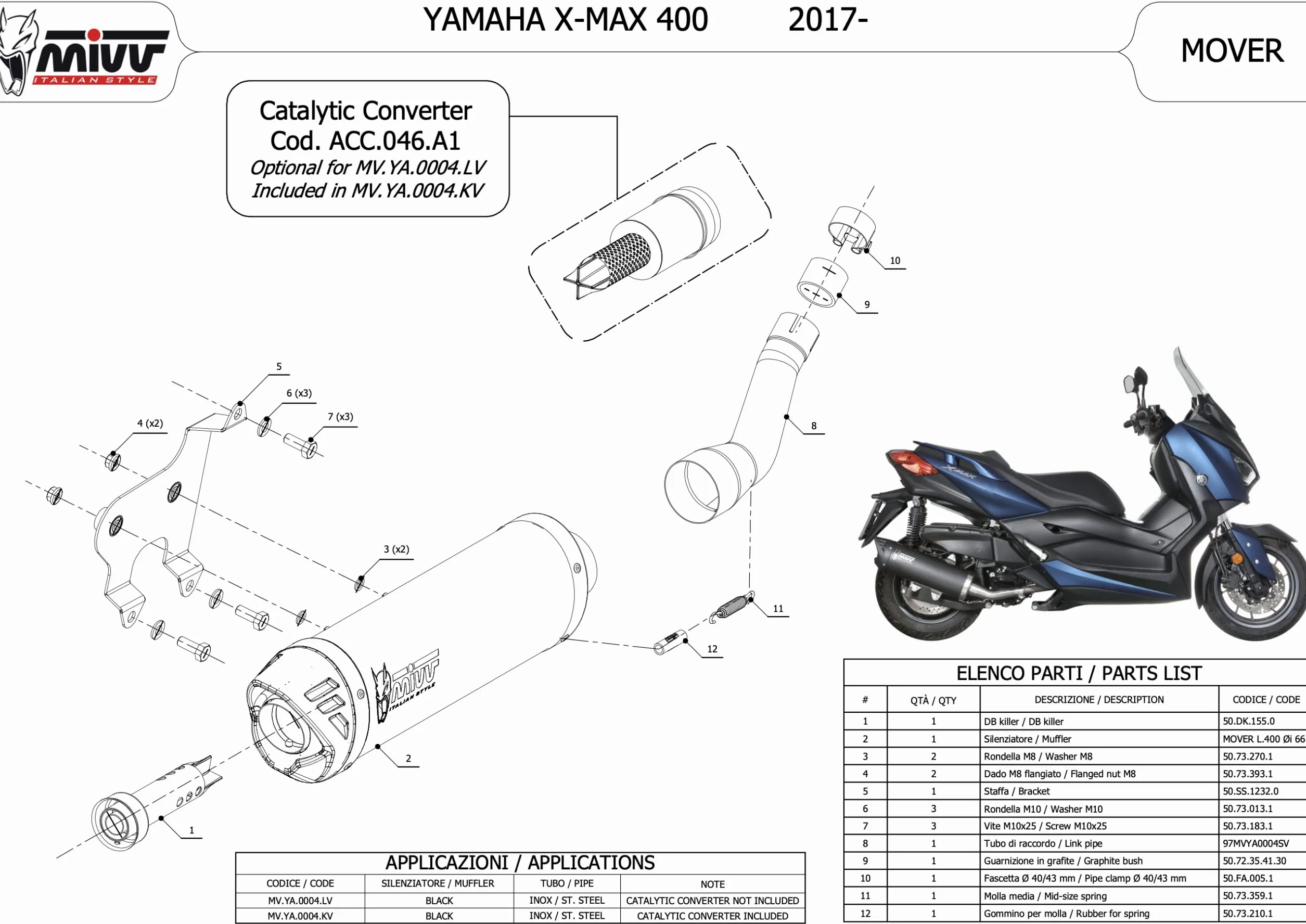 mivv tubo de escape homologado catalizado mover acero negro compatible con yamaha xmax x-max 400 2017 2018 2019 2020 mototopgun