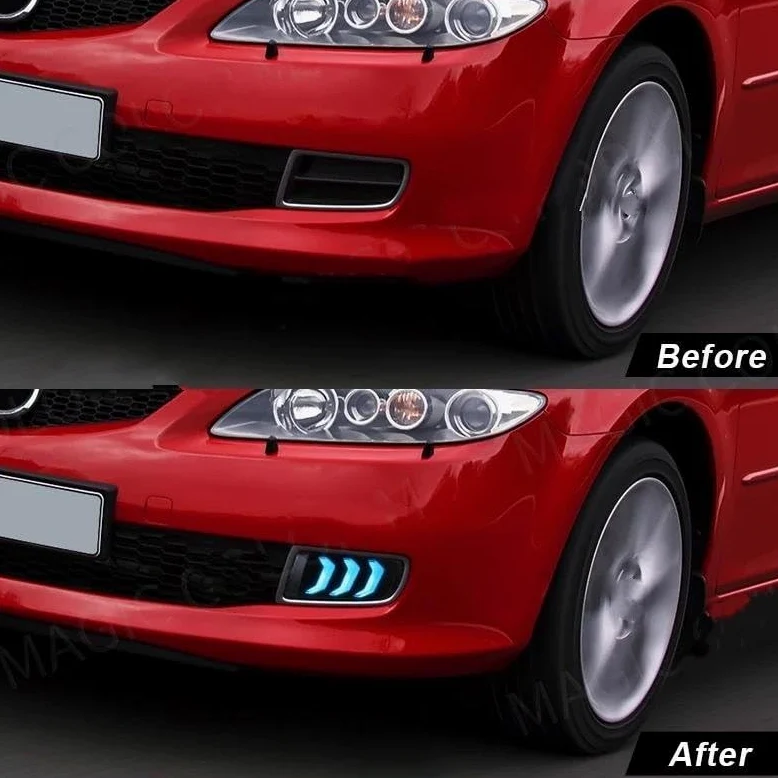Luces circulación Diurna LED Luces diurnas LED (DRL) para Mazda 6 (2005-2009): faros antiniebla, intermitentes, luz blanca, amarilla y azul. Accesorios para coche, 12 V Conjunto luces antiniebla LED