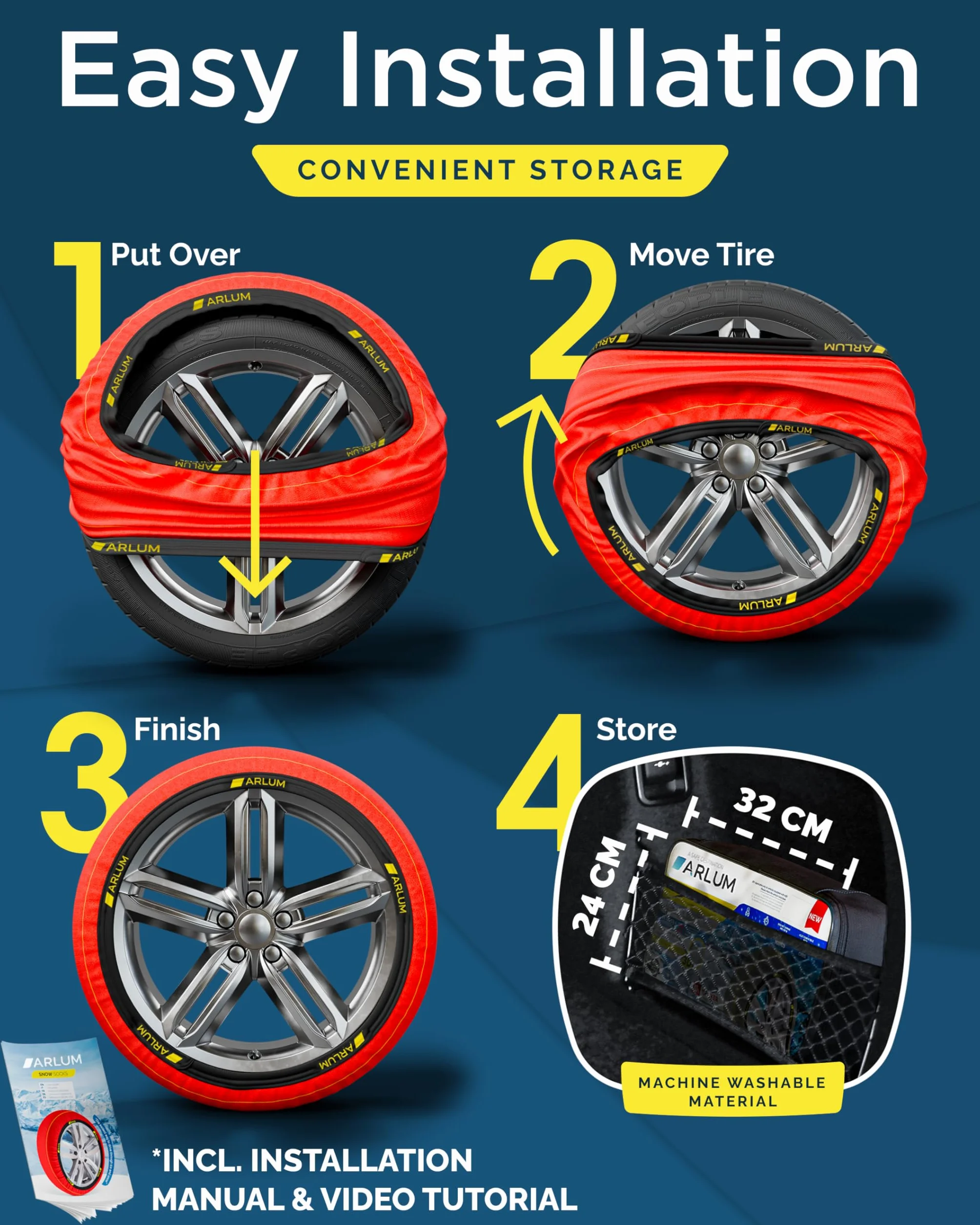 ARLUM Fundas Rueda Nieve para Coche Homologado EN 16662-1 - Dos Cadenas Nieve de Tela para Coche. Snow Sock Talla XL para R14-R22 (Tamaños de Neumáticos Detallados en el Interior) (Control, XL)