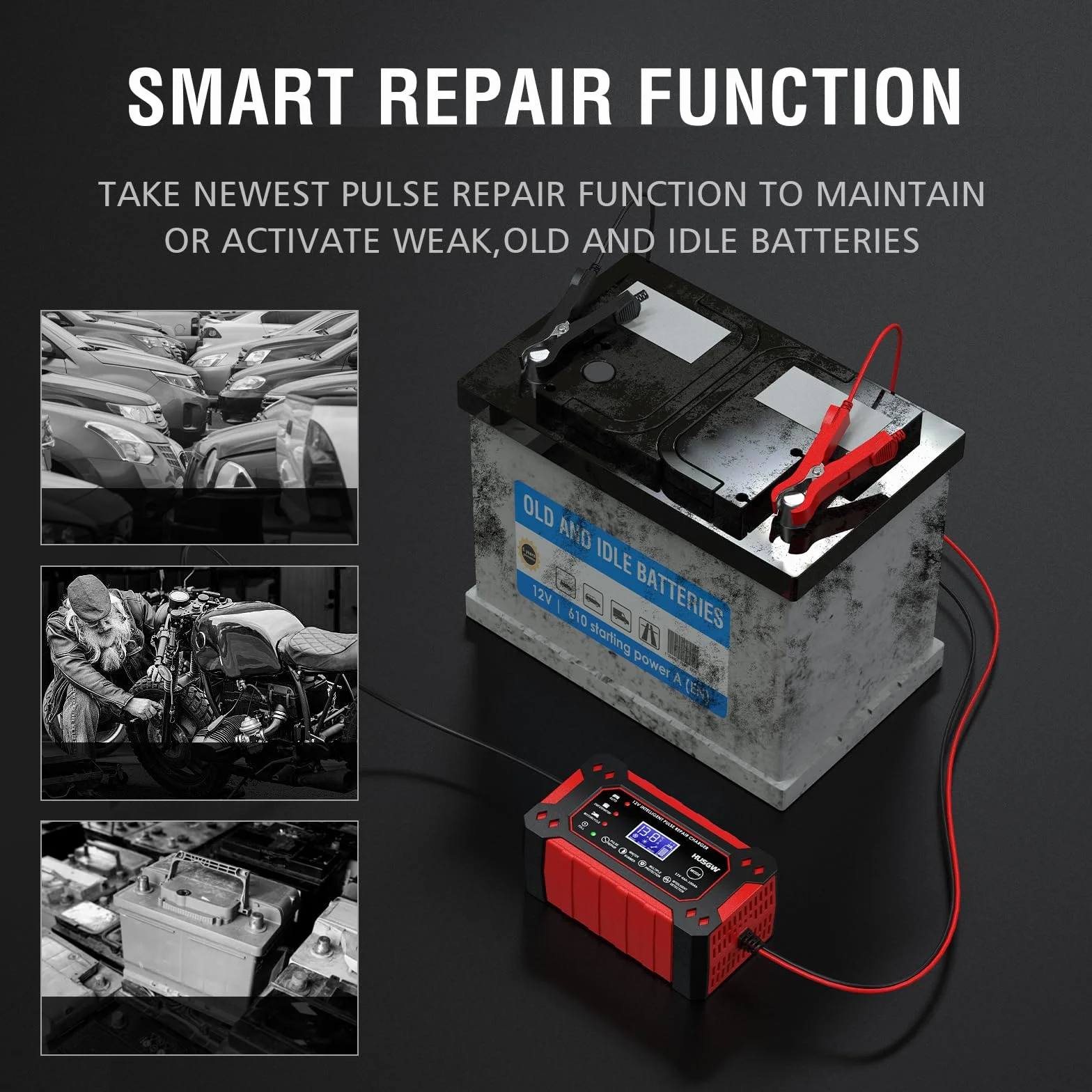 12V6A Cargador de Batería de Coche,Cargador de Batería Inteligente con Pantalla LCD, Múltiples Funciones de Protección,paraAutomóviles,Moto,Camión,AGM,Gel,SLA (2Ah-100Ah)