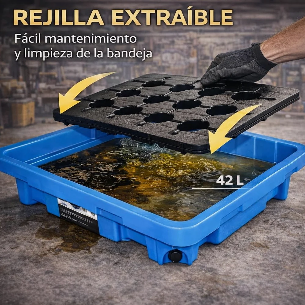 Bandeja Recogegotas 42 litros con Rejilla – Cubeta Antiderrames Polietileno Resistente Químicos UV 300 kg Carga