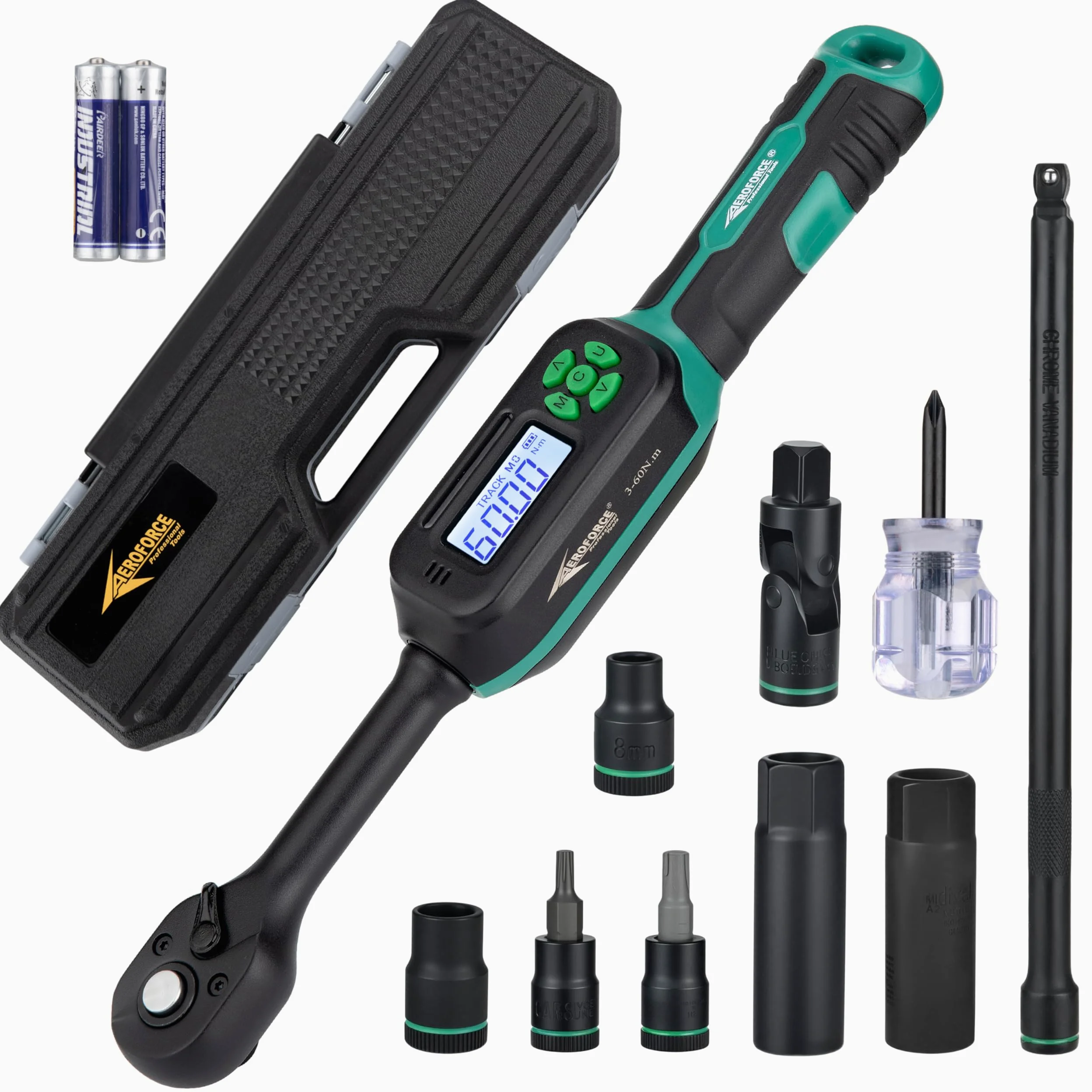 AEROFORCE - Juego de 9 enchufes magnéticos para bujías con llave dinamométrica digital de 3/8 pulgadas (6.8-135 Nm), incluye enchufes de 12 puntos de 14 mm y 16 mm, barra de extensión de 10 pulgadas y