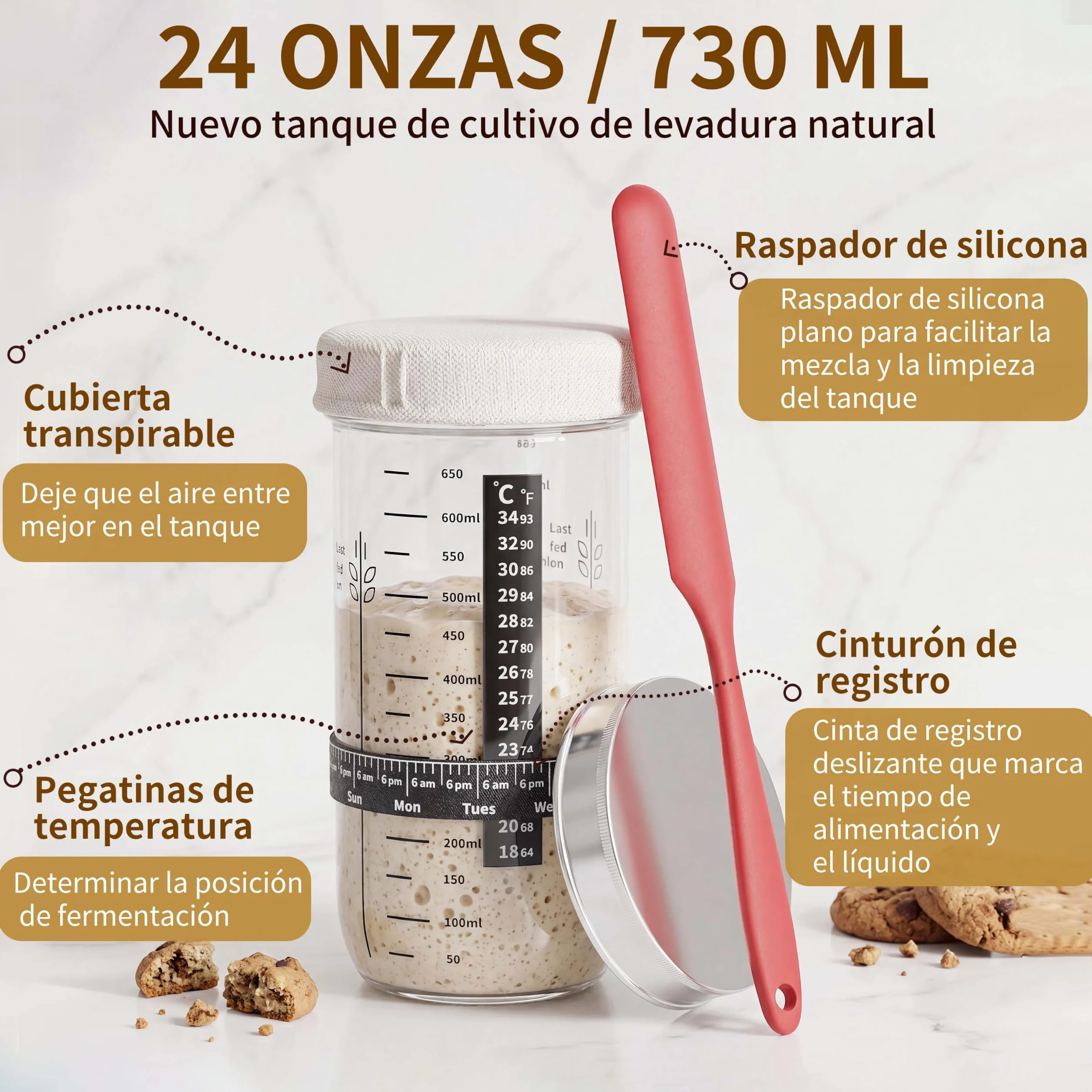 Kit Completo de Inicio de Masa Madre 11 Piezas, Cesta Oval de Ratán Artesanal, Tarro y Accesorios para Hacer Pan