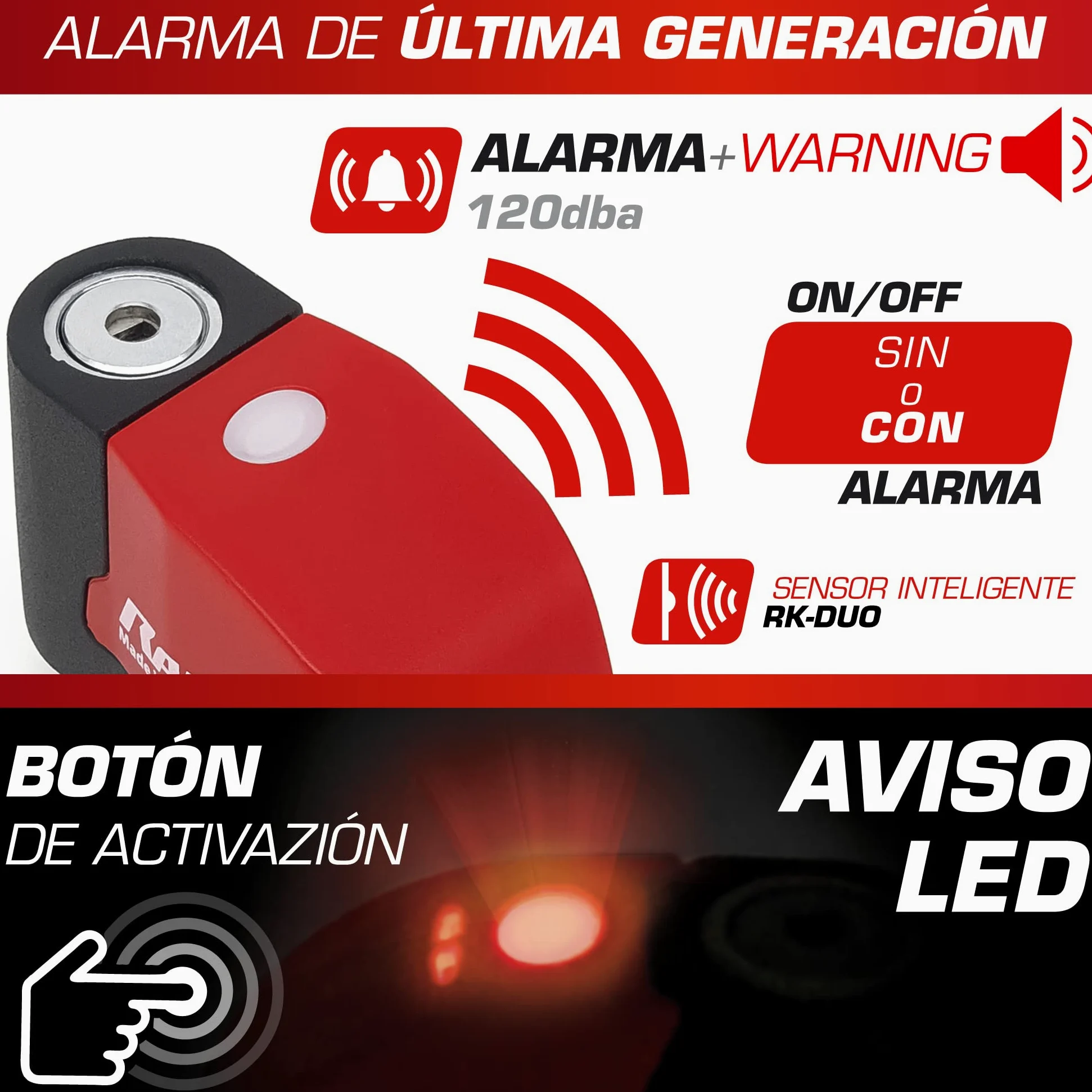 RADIKAL RK6 Candado Moto Disco Alarma 120db, Boton ON, Warning Avisador, Módulo Remplazable Impermeable, Pila CR2 Larga Duración, Antirrobo Pinza Freno Universal para Motos Scooter Bicicleta Patinete