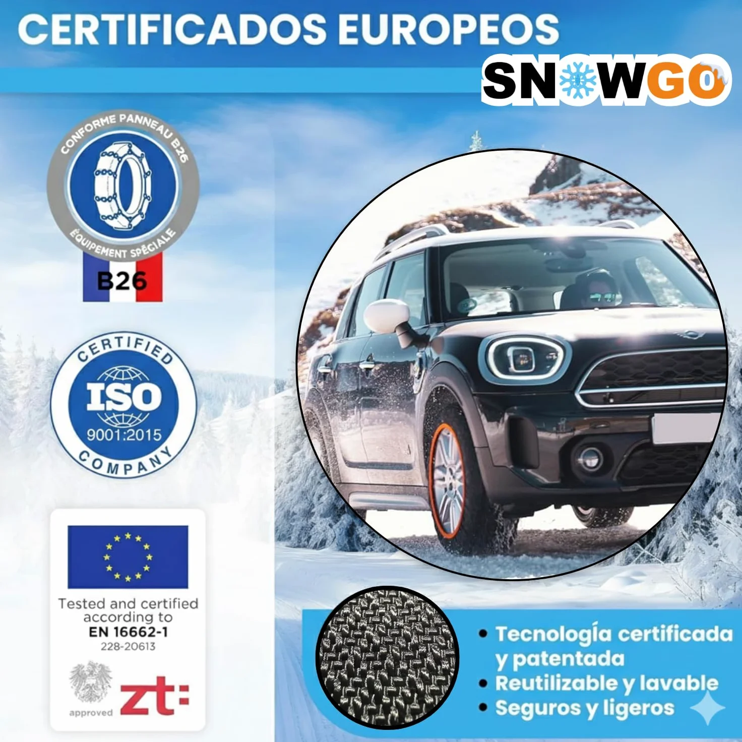 SNOWGO - Juego de 2 cadenas textiles para nieve - Talla XS a XXL - Homologado 16662-1 Europa - Adecuado para vehículos 4x4, vehículos eléctricos, furgonetas y vehículos comerciales <3,5T. (XL)