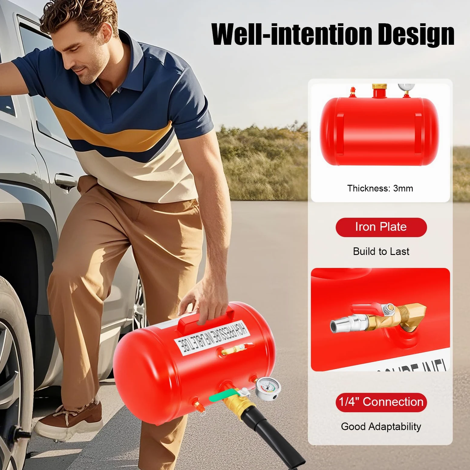 Depósito de aire, depósito de aire comprimido, inflador de neumáticos, 20 l con presión máxima de 10 bar y manómetro, portátil para neumáticos grandes de coche, neumáticos de camiones, neumáticos