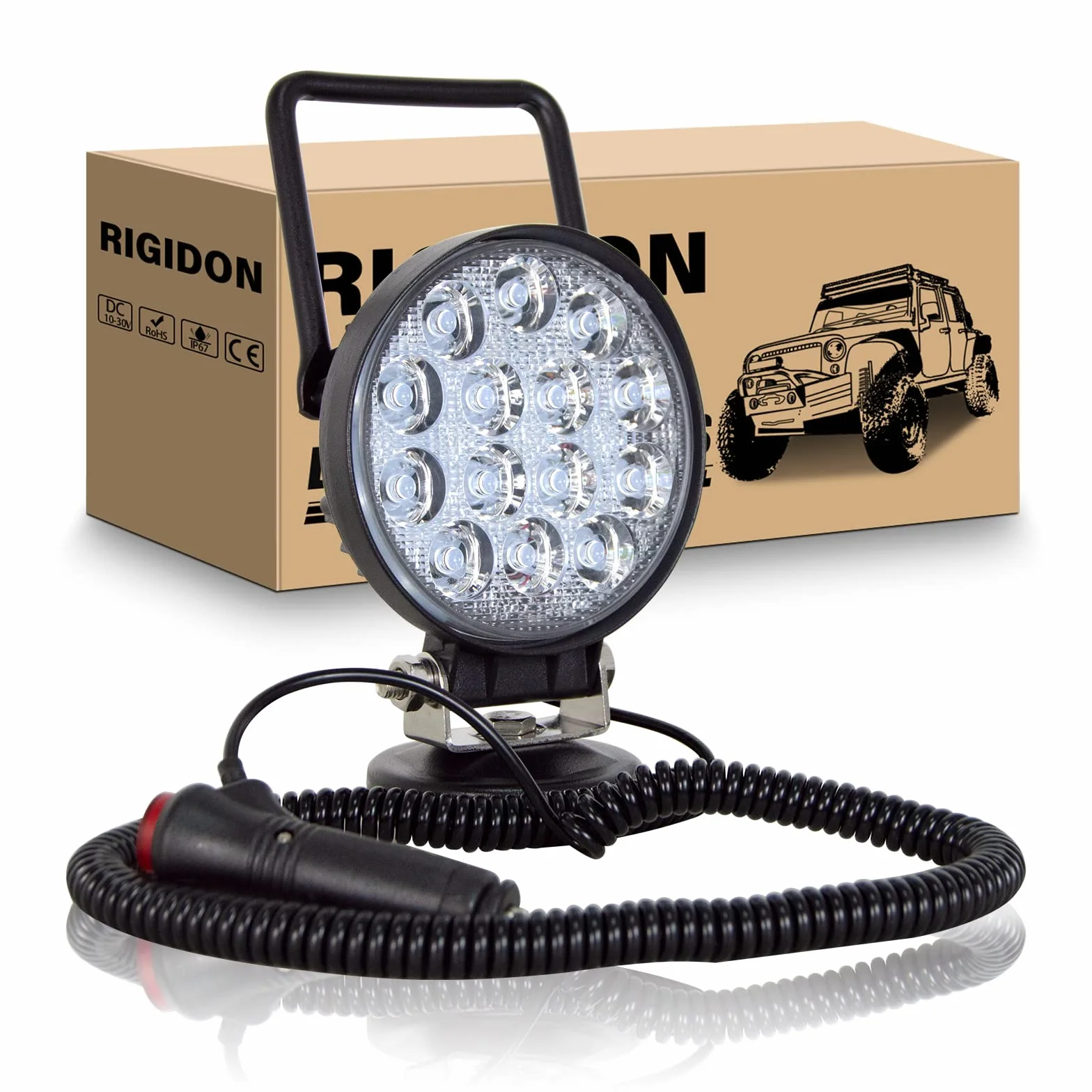RIGIDON 42W Luz de Trabajo Con Base Magnética, 4 Pulgadas, Lámpara Portátil Para Off Road Camión Coche SUV 4x4, Faro LED Con Imán 12V 24V, 6000K Blanco
