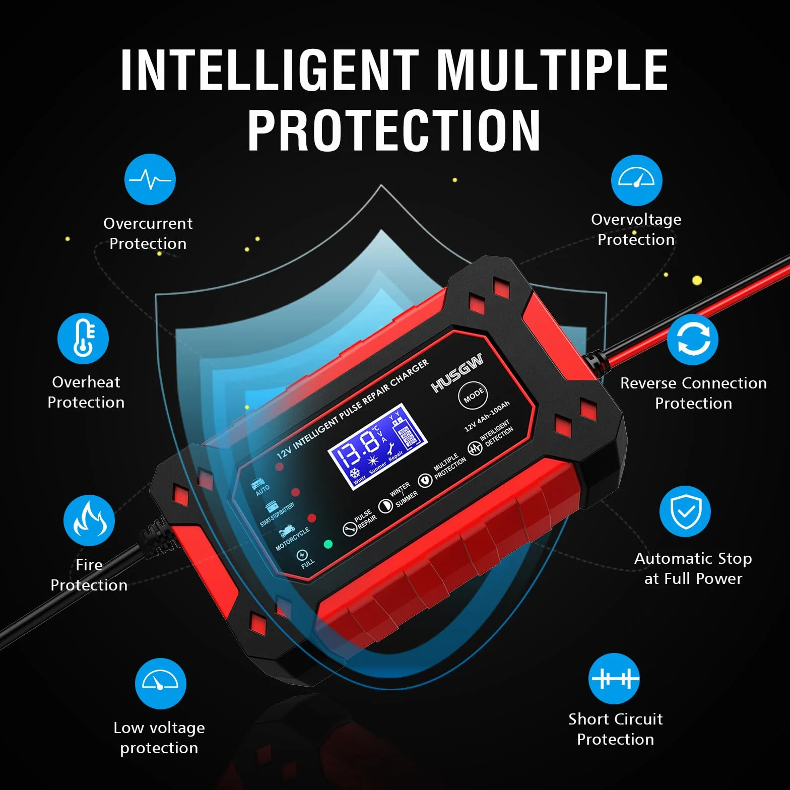 12V6A Cargador de Batería de Coche,Cargador de Batería Inteligente con Pantalla LCD, Múltiples Funciones de Protección,paraAutomóviles,Moto,Camión,AGM,Gel,SLA (2Ah-100Ah)