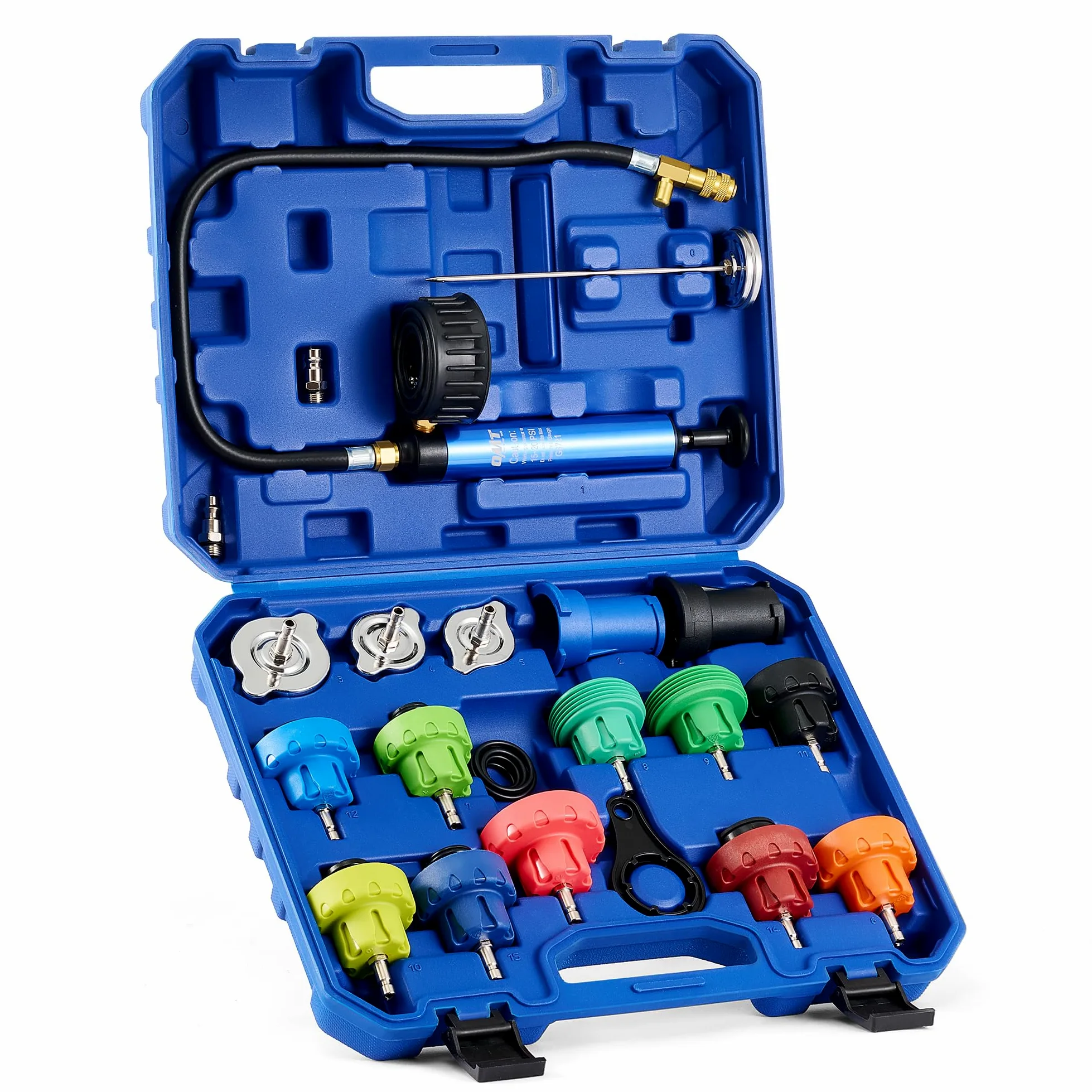 Orion Motor Tech 19 Piezas Kit de Prueba de Presión del Refrigerante con 15 Adaptadores y Llave Kit de Prueba de Presión para el Sistema de Refrigeración con Bomba de Vacío y Termómetro con Sonda