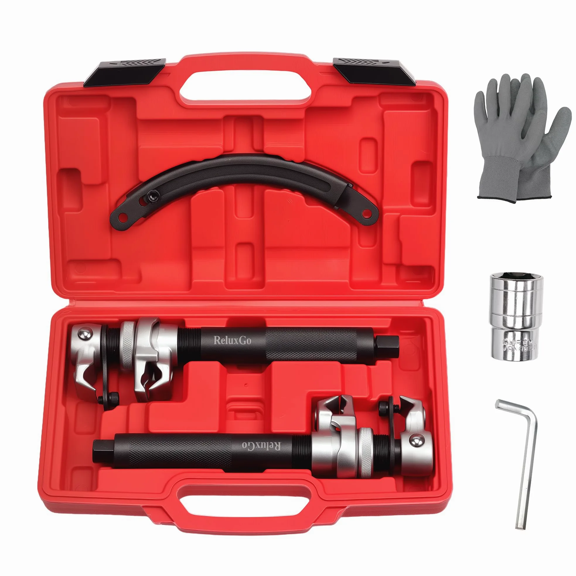 ReluxGo Herramienta de compresor de resorte helicoidal para automóvil, 2 piezas, juego de compresor de resorte Macpherson resistente con soporte de seguridad para coche, camión, ATV, UTV, capacidad de