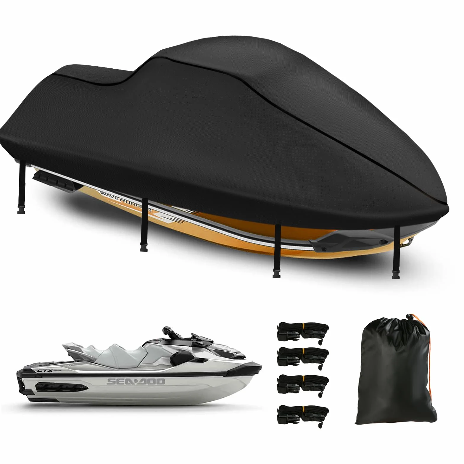 Funda de Jet Ski 420D Impermeable, Funda de Jet Ski 3 Asiento, con 2 Orificios de ventilación, Resistente a los Rayos UV, Compatible con Waverunner Polaris, 291-318cm