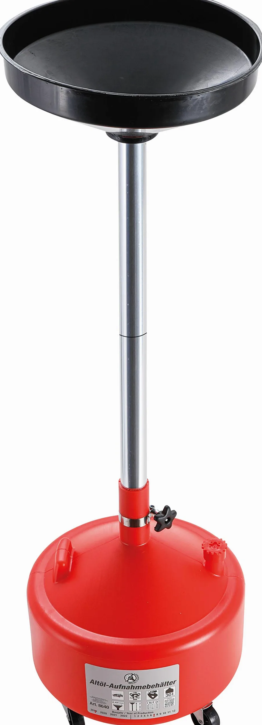 BGS Diy 8640 | Recogedor de aceite usado | 30 l | Embudo de 420 mm de diámetro, altura 1220 – 1520 mm, embudo y recipiente de plástico, tubo de desagüe de acero