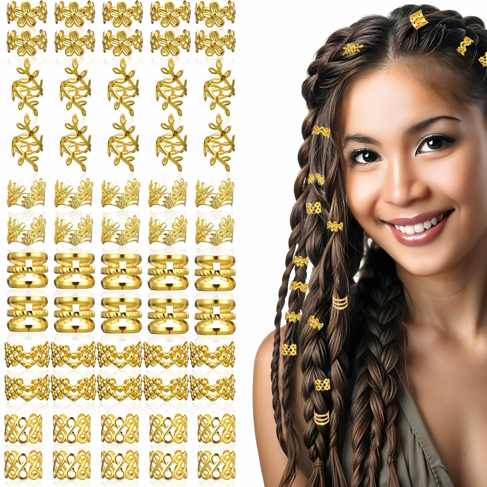 Ouligay Joyería para el Cabello 60 Piezas, Adornos Dorados para Trenzas, Anillos de Cabello Dorados, Accesorio Pirata