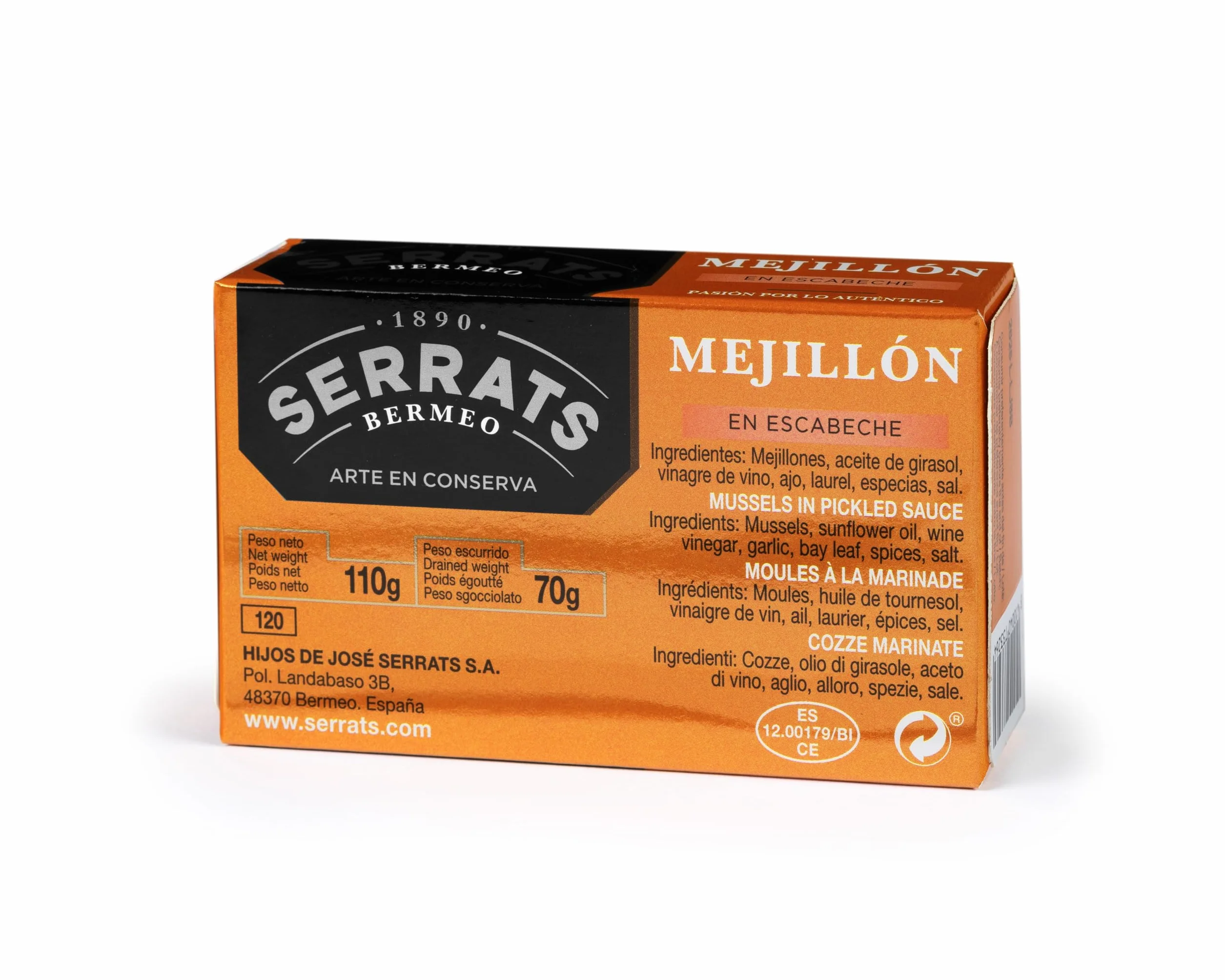 CONSERVAS SERRATS Mejillones Grandes en Escabeche Tradicional Artesanal 12 Latas x 110g 1320g 8/12 Mejillones por lata Sin Gluten Omega 3