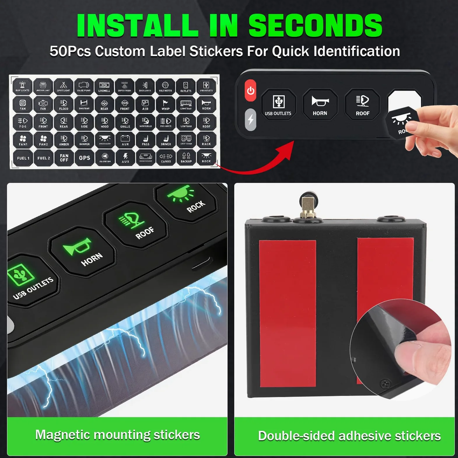 Chelhead Panel de conmutación inalámbrico de 4 marchas, panel de interruptor de una fila para vehículos con función estroboscópica de conmutación 12 V – 24 V, sistema de control de relé universal