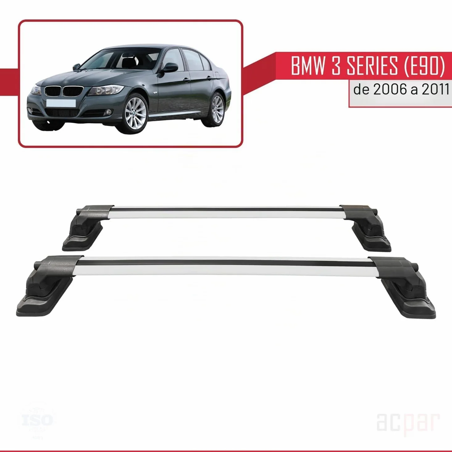 Compatible con BMW Serie 3 (E90) 2005-2012 Modelo Ace-3 Barra de Techo Auto Portaequipajes Barras Transversales Gris Aluminio 2 Barras