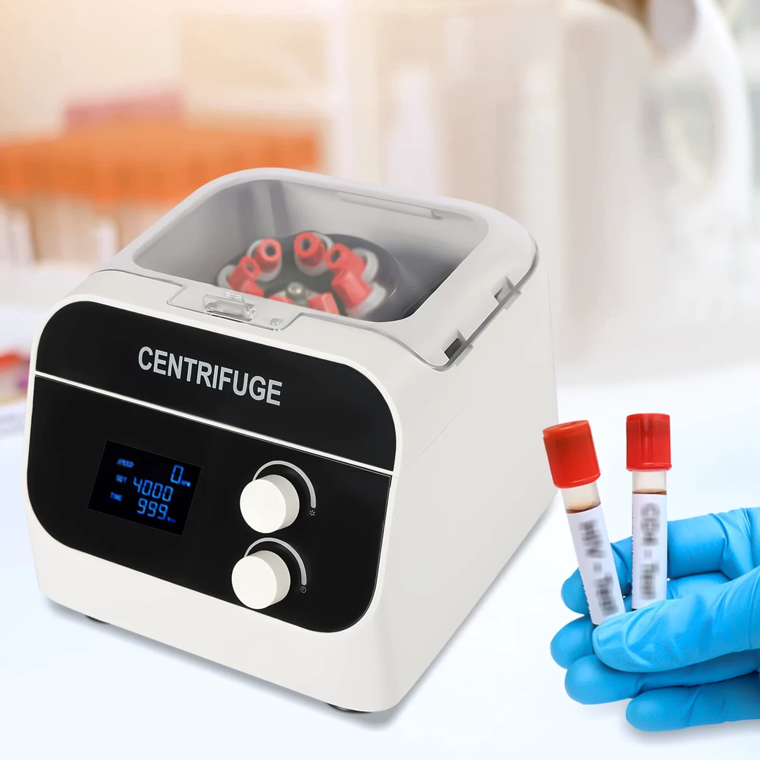 Centrífuga de laboratorio 8 x 20 ml, 0 – 4000 rpm, pantalla digital LCD, temporizador 0 – 999 min, silenciosa y compacta, tapa de seguridad, pies antideslizantes, para sangre, bioquímica, extracción